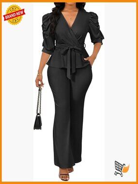 2 Piece Pant Set Ruffle Top Wide Leg Business Pantsuit Loose Fit Plus Size